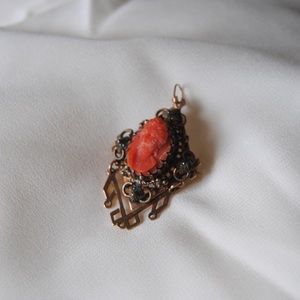 Antique Coral Cameo Necklace Pendant / Brooch